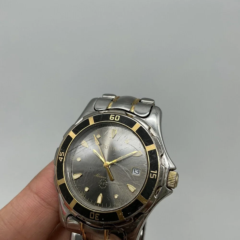 Bulova Marine Star 100m Mens Watch 37mm Gray Dial Two Tone Date For Parts 7.25
